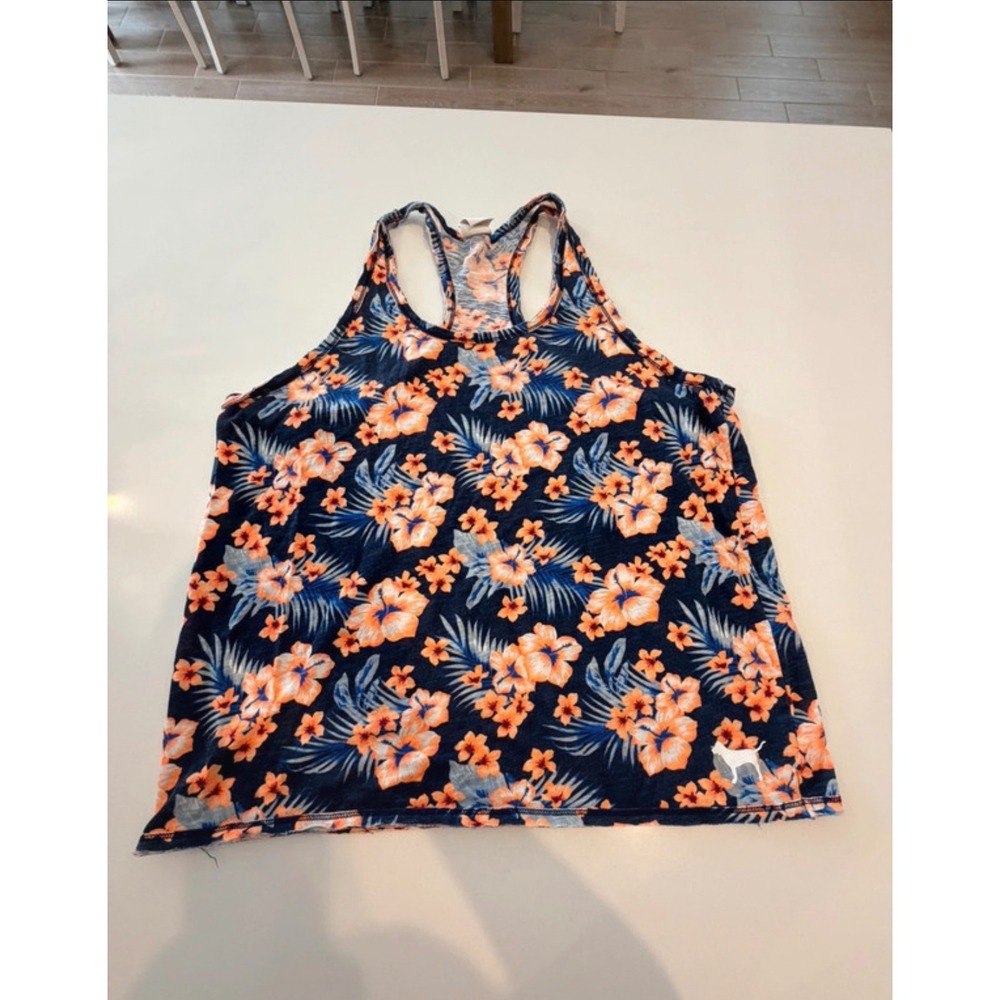 Victoria's Secret PINK Tropical Hibiscus Floral Racerback Tank Top Orange Blue M
